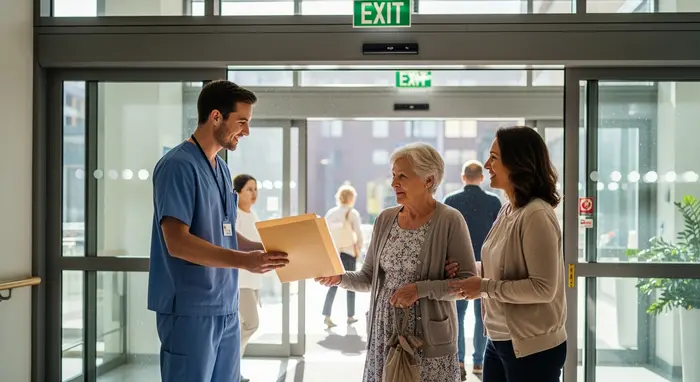 Krankenhaus-Entlasssituation: Pfleger übergibt Seniorin an Angehörige am Ausgang, Unterlagenmappe sichtbar, Eile aber geordnete Szene.