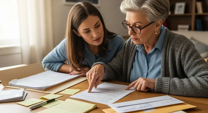 Erwachsene Tochter und Seniorin prüfen Bescheid am Schreibtisch, Notizen und Ordner, konzentrierte Gesprächssituation.