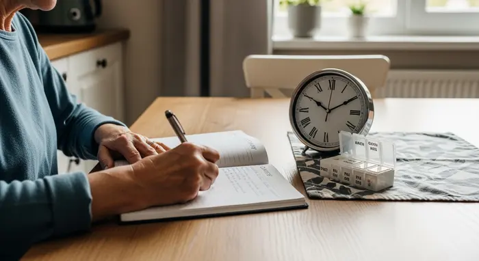 Angehörige führt ein Pflegetagebuch am Küchentisch, Uhr und Medikamentenbox daneben, ruhige Szene.