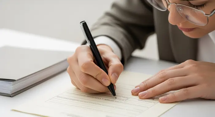 Nahaufnahme von Händen, die ein Formular ausfüllen, Person mit Brille, Stift und ruhiger Schreibtisch, neutrale Unterlagen.