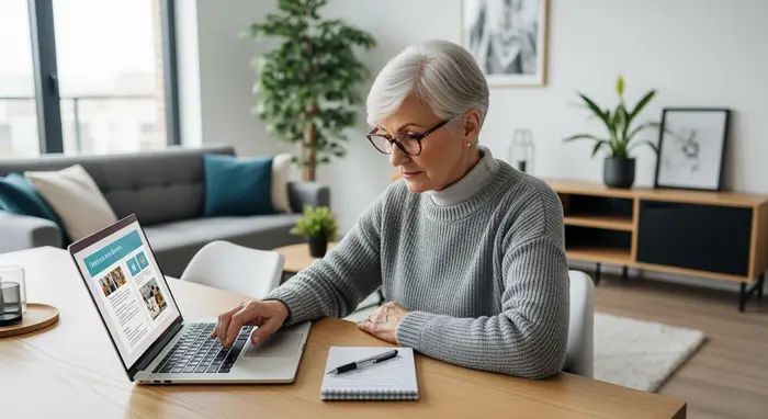 Ältere Angehörige informiert sich am Laptop über Pflegeleistungen, sitzt entspannt am Wohnzimmertisch, Notizen daneben, moderne Umgebung.