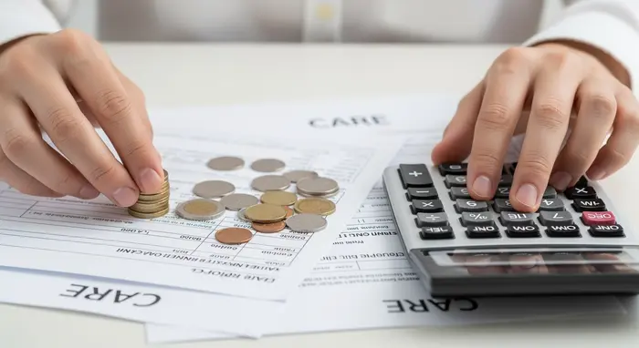 Symbolische Nahaufnahme von Hände, die Münzen und einen Taschenrechner neben Pflegeunterlagen sortieren, neutraler Hintergrund, kontext Pflegefinanzen.