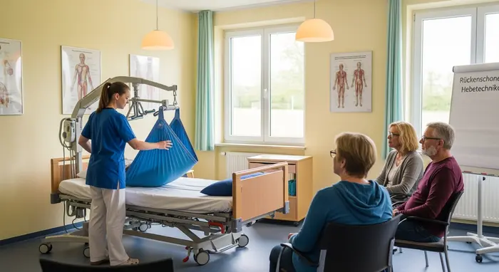 Pflegekurs: Pflegerin zeigt Angehörigen rückenschonende Hebetechnik an Pflegebett, kleine Gruppe, freundlicher Seminarraum.