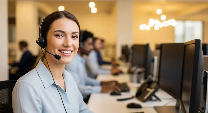 Freundliche Service-Mitarbeiterin mit Headset in modernem Callcenter, lächelt in die Kamera, warme Beleuchtung.