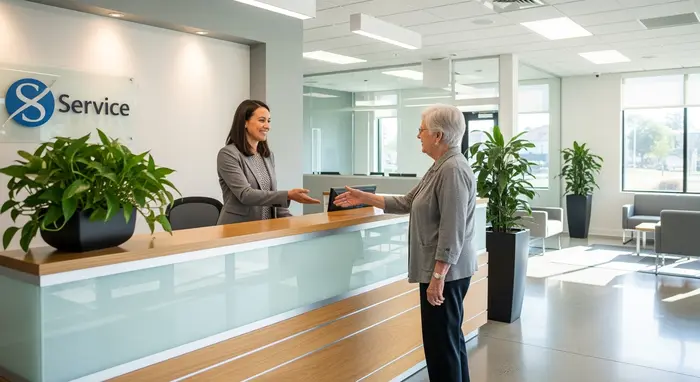 Moderne Servicegeschäftsstelle mit Empfangstheke, Beraterin begrüßt ältere Kundin, helle freundliche Räumlichkeiten.