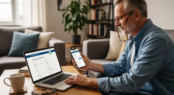 Älterer Mann nutzt Smartphone und Laptop am Wohnzimmertisch, erledigt Versichertenthemen online, entspannte Atmosphäre.
