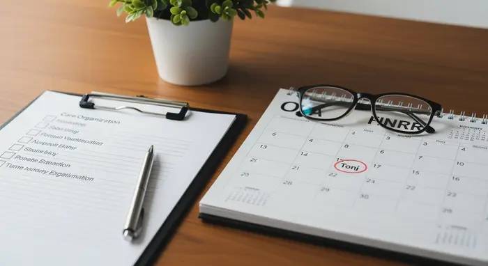 Checkliste und Stift auf einem Klemmbrett, daneben Kalender und Brille, sinnbildlich für gute Pflegeorganisation.