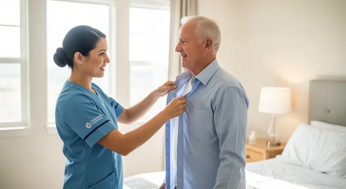 Ambulanter Pflegedienst hilft Senior beim Anziehen im hellen Schlafzimmer, professionelles Auftreten, freundliche Atmosphäre.