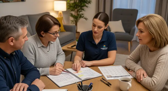Angehörige und Pflegedienstmitarbeiterin planen gemeinsam die Pflege am Wohnzimmertisch, Notizbuch und Kalender liegen bereit.