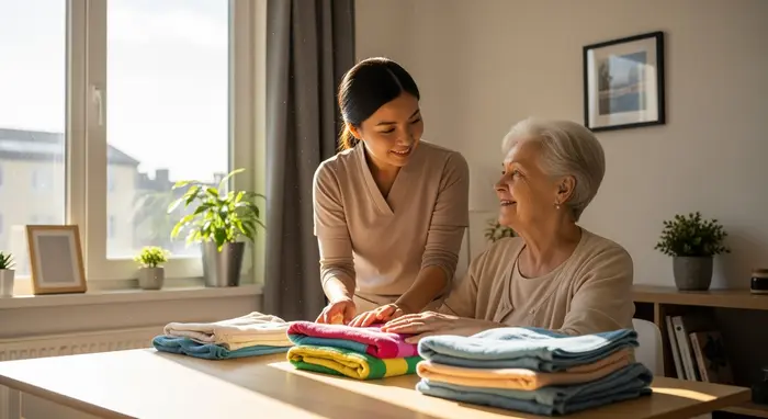 Haushaltshilfe unterstützt ältere Dame beim Wäschefalten in heller Wohnung, entspannte Stimmung, praktische Entlastung im Alltag.