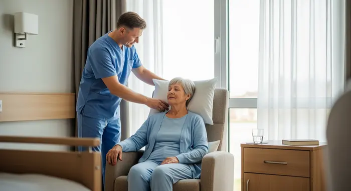 Seniorin erholt sich kurzzeitig in moderner Pflegeeinrichtung, Pfleger richtet Kissen, ruhiges Zimmer, Tageslicht.