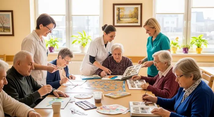 Seniorengruppe in heller Tagespflege sitzt an einem großen Tisch, Beschäftigungsangebote, Pflegekräfte begleiten freundlich.