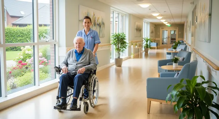 Pflegerin begleitet Senior im Rollstuhl durch hellen Gang eines Pflegeheims, freundliche Atmosphäre, modernes Umfeld.