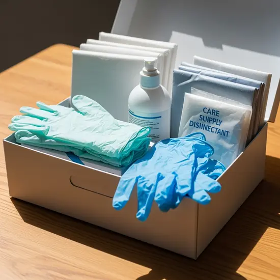 Pflegehilfsmittel-Box mit Einmalhandschuhen, Desinfektionsmittel und Bettschutzeinlagen auf einem Holztisch, helles Tageslicht.