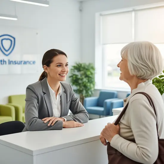 Freundliche Sachbearbeiterin der Krankenkasse begrüßt eine Seniorin am Empfang, helles, modernes Beratungszentrum, freundliche Atmosphäre, Fokus auf persönliche Betreuung.