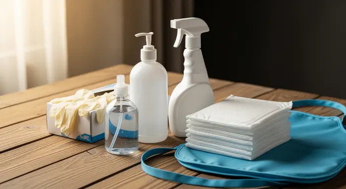Set aus Pflegehilfsmitteln auf einem Holztisch: Einmalhandschuhe, Händedesinfektion, Flächendesinfektion, Einmal-Bettschutzeinlagen, Schutzschürze, ohne Markenlogos.