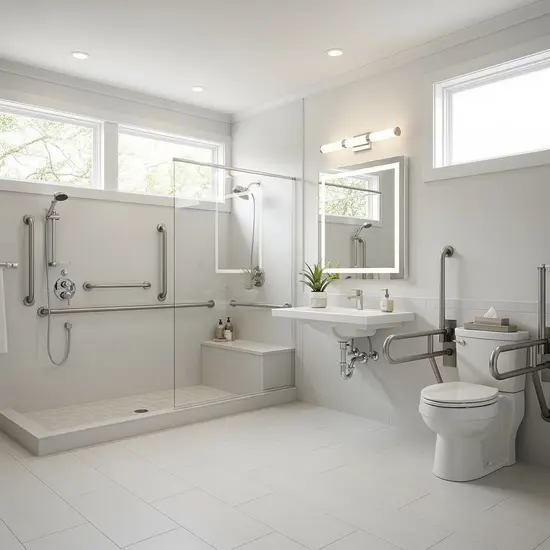 Modernisiertes barrierefreies Badezimmer mit bodengleicher Dusche, Haltegriffen und rutschfestem Boden, hell und freundlich.