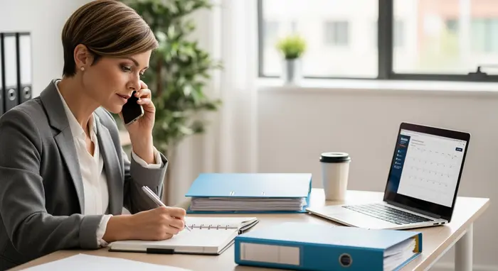 Pflegeberaterin telefoniert an einem Schreibtisch mit Aktenordnern und Laptop, notiert Termine, ruhiges Büro, kompetente Ausstrahlung.