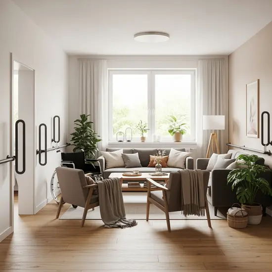 Helles Wohnzimmer einer Wohngemeinschaft, barrierefrei mit breiten Türen und Haltegriffen, gemütliche Sitzgruppe.