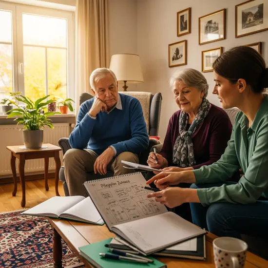 Älteres Ehepaar sitzt entspannt im Wohnzimmer, Tochter zeigt auf Notizblock, gemeinsames Planen der Pflege zu Hause.