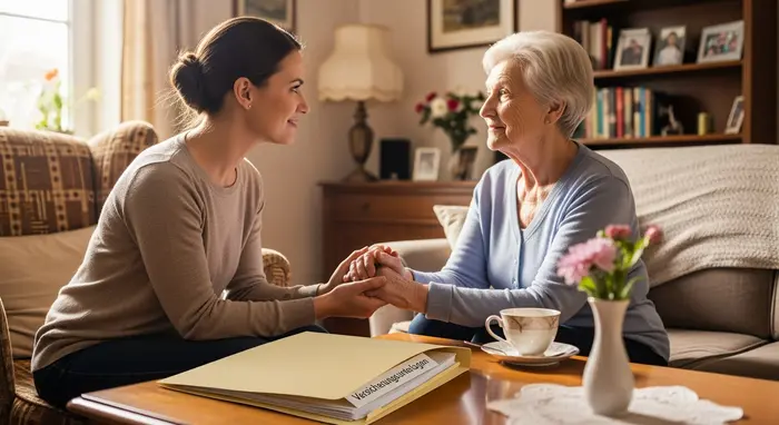 Pflegende Tochter hält die Hand ihrer älteren Mutter im Wohnzimmer, beruhigender Moment, Dokumentenmappe mit Versicherungsunterlagen liegt auf dem Tisch.