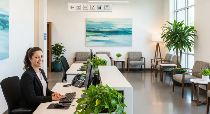 Moderner Empfangsbereich einer Krankenkasse mit freundlicher Mitarbeiterin am Tresen, Wartebereich mit Pflanzen, klare Beschilderung ohne lesbaren Text.