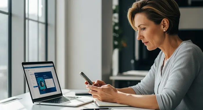 Mittelalte Frau sitzt am Schreibtisch und nutzt ein Smartphone, neben ihr liegt ein Laptop, Konzentration auf digitale Services, heller Raum.