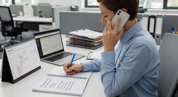 Angestellte Person telefoniert am Schreibtisch, Kalender und Unterlagen sichtbar, macht sich Notizen zur kurzfristigen Pflegeorganisation, neutrales Büro.