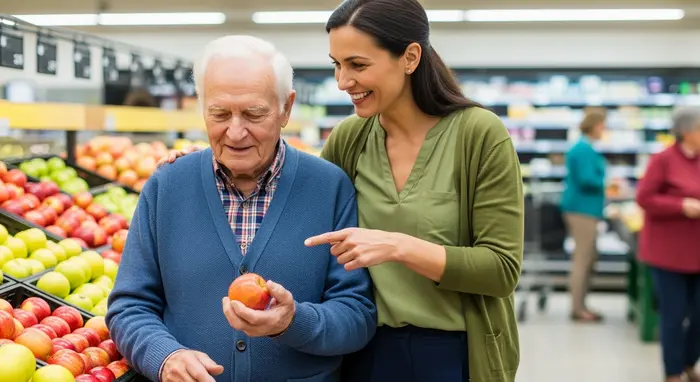 Älterer Mann bekommt beim Einkauf Hilfe von einer Alltagsbegleiterin, gemeinsam prüfen sie Obst im Supermarkt, freundliche Interaktion.