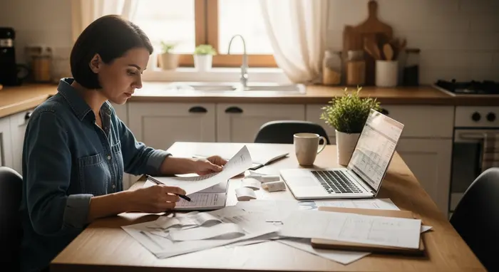 Selbstständige Person arbeitet an einem Laptop am Küchentisch, sortiert Belege und Unterlagen, ruhige Atmosphäre, Fokus auf private Finanzen.