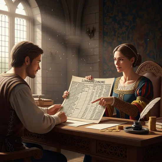 Mittelalterlicher Angestellter und Arbeitgeberin in Büroatmosphäre, besprechen Lohnabrechnung, Fokus auf Transparenz und faire Beiträge.