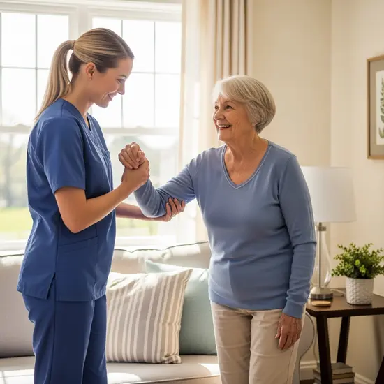 Pflegerin hilft Seniorin beim Aufstehen vom Sofa in einem hellen Wohnzimmer, freundliches Lächeln, fürsorgliche Geste.