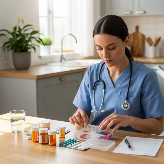 Ambulanter Pflegedienst bereitet Medikamente in einer Dosierbox vor, ruhige Hand, ordentliche Umgebung auf Küchentisch.