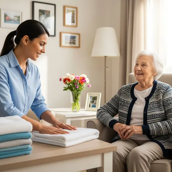 Alltagshilfe faltet frische Wäsche in der Wohnung einer Seniorin, freundlicher Austausch, ordentliche Umgebung.