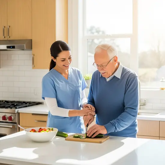Häusliche Betreuung: Betreuerin begleitet Senior bei leichter Küchenarbeit, helle Küche, unterstützende Hand.