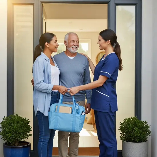 Tochter übergibt die Betreuung des Vaters an eine Pflegekraft an der Haustür, freundliche Verabschiedung, Tagespflege-Tasche in der Hand.
