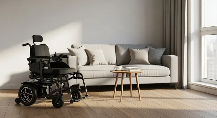 Zeitgemäßer Rollstuhl neben einem Sofa in einer aufgeräumten Wohnung, Tageslicht und Holzfußboden.