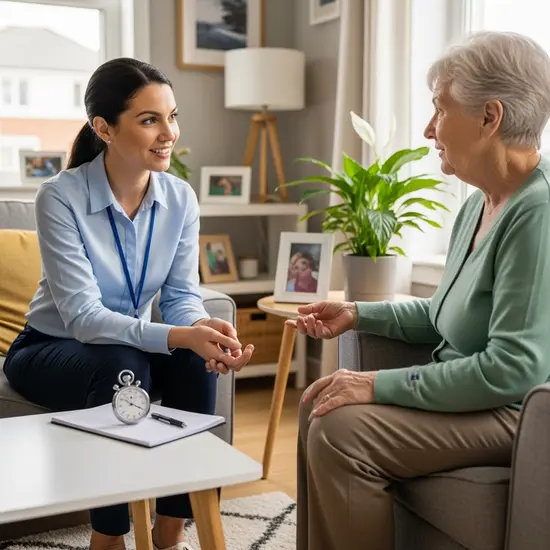 Pflegegutachterin besucht Seniorin zu Hause, prüft Mobilität und Alltagsfähigkeiten, freundliches Gespräch im Wohnzimmer, Notizblock und Stoppuhr auf dem Tisch.