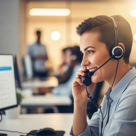 Freundlicher Kundenberater mit Headset telefoniert in einem modernen Servicecenter, unscharfer Hintergrund, warmes Licht.