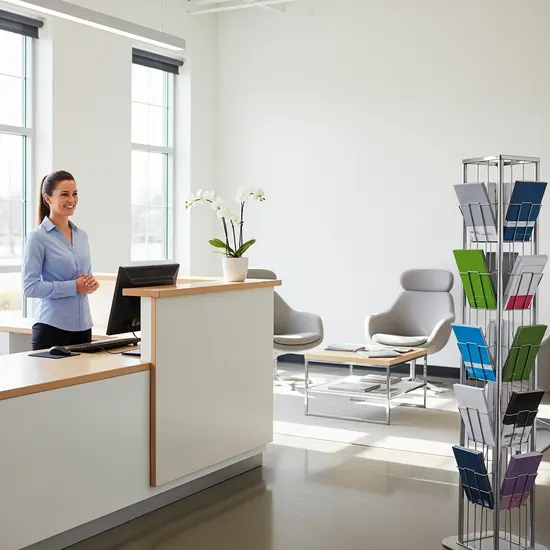 Helle Geschäftsstelle mit Empfangstresen und Sitzbereich, freundliche Mitarbeiterin steht bereit, Broschürenständer ohne lesbare Texte.