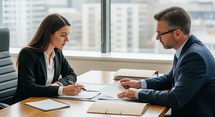 Erwachsene Tochter bespricht mit einem Rechtsbeistand Unterlagen am Schreibtisch, konzentrierter Blick, Aktenordner und Notizblock ohne lesbaren Text.