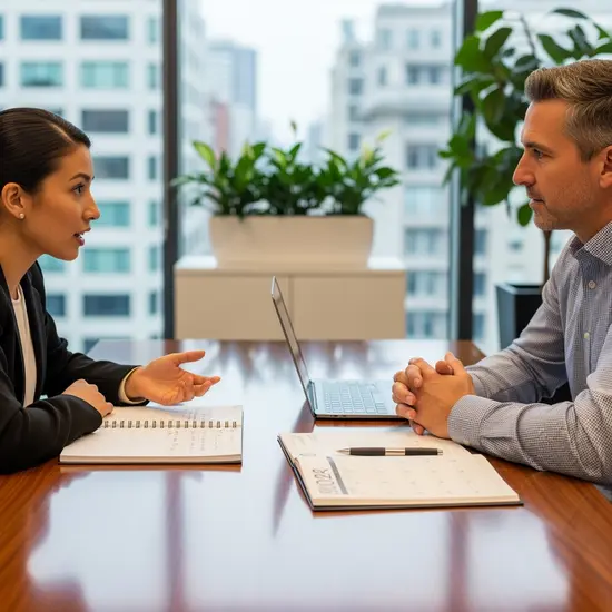 Erwachsene Frau spricht mit ihrem Vorgesetzten in einem Büro über flexible Arbeitszeit, beide sitzen am Tisch, Notizblock und Kalender liegen bereit.