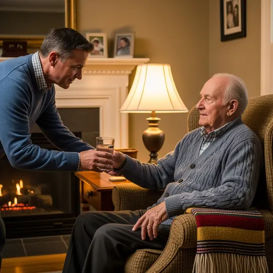 Pflegender Sohn reicht seinem älteren Vater im Wohnzimmer ein Glas Wasser, fürsorglicher Moment, gemütliche Atmosphäre.