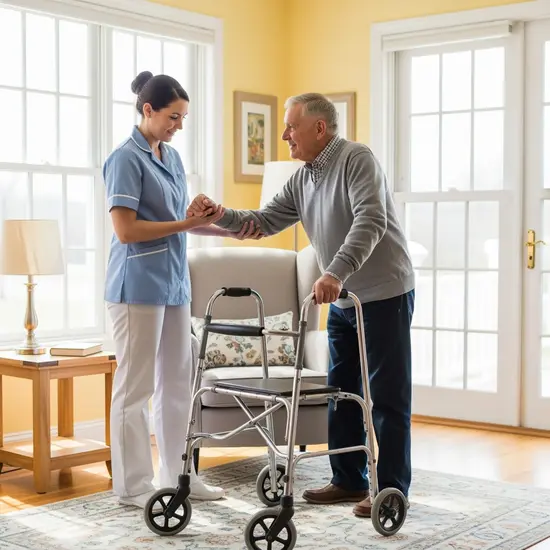 Pflegefachkraft hilft älterem Mann beim Aufstehen aus dem Sessel, sichere Unterstützung, helles Wohnzimmer mit Gehhilfe neben dem Stuhl.