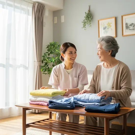 Haushaltshilfe unterstützt Seniorin beim Zusammenlegen von Wäsche in einer hellen Wohnung, freundliches Gespräch, entspannte Atmosphäre.