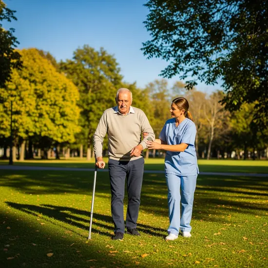 Betreuungskraft begleitet älteren Herrn beim Spaziergang im Park, sonniger Tag, sichere Begleitung mit Unterarmgehstütze.