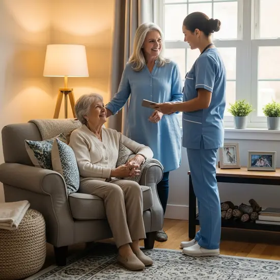 Mittelalte Tochter übergibt die Pflege an eine Ersatzpflegekraft, beide lächeln, ältere Dame sitzt entspannt im Sessel, Wohnzimmer mit warmem Licht.