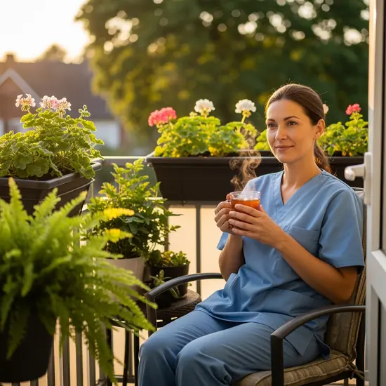 Pflegende Angehörige nimmt sich eine kurze Auszeit mit einer Tasse Tee auf dem Balkon, ruhige Umgebung, Pflanzen im Hintergrund.