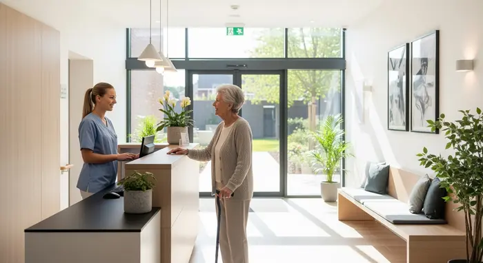 Pflegekraft begrüßt Seniorin an der Rezeption einer Kurzzeitpflegeeinrichtung, moderne helle Lobby mit Sitzbank und großer Fensterfront.