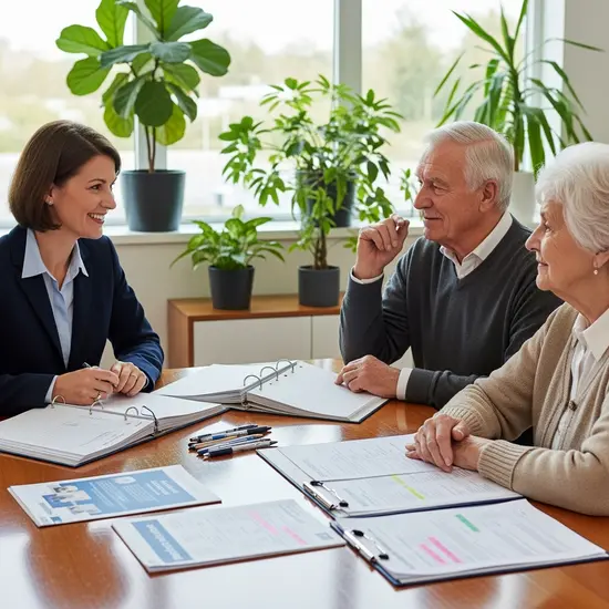 Freundliche Beraterin erklärt einem älteren Paar am Holztisch die Leistungen der Pflegekasse; auf dem Tisch liegen Ordner, Stifte und Formularunterlagen; helle, moderne Umgebung mit Pflanzen.